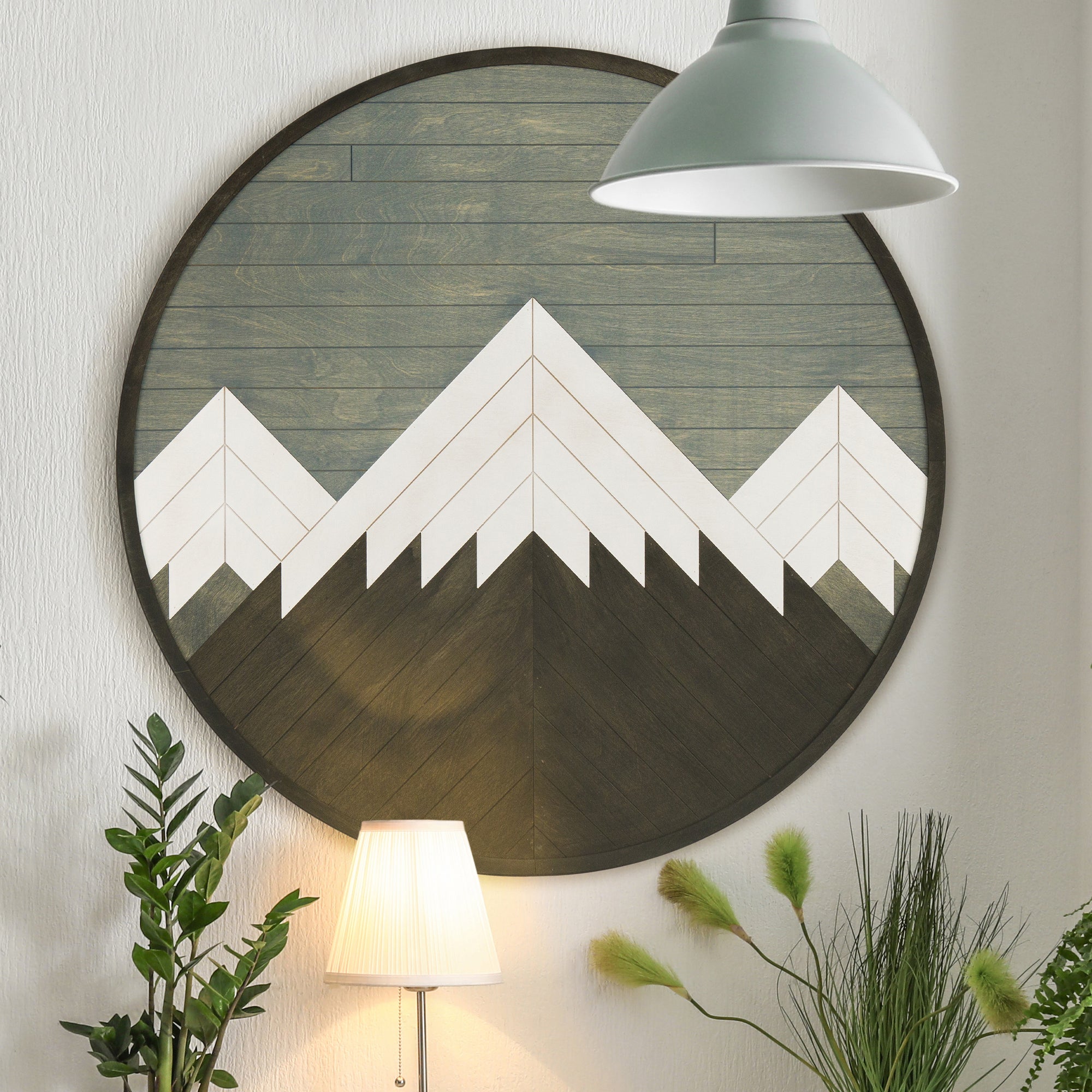 Mountains Wooden Wall Art- Round Mountains Wood Wall Art Panel- Large Geometric Wood Wall Hanging